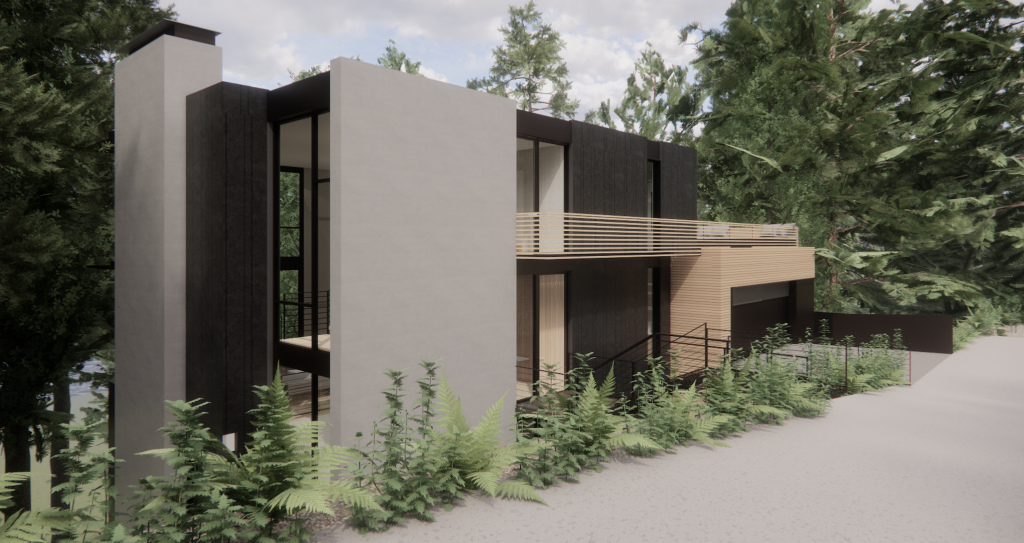 Contemporary two-story residence with gray concrete and dark wood siding, surrounded by tall trees, featuring a wooden balcony and large glass entry.